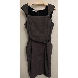 Evan Picone Brown Plaid Belted Sheath Dress Size 8 Square Neck Pockets Office